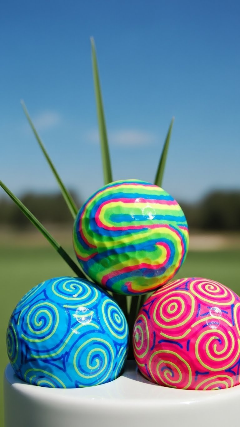 Three Golf Balls With Vibrant Sharpie Swirl Patterns In Electric Colors Displayed On A White Ceramic Holder Against A Golf Course Background.