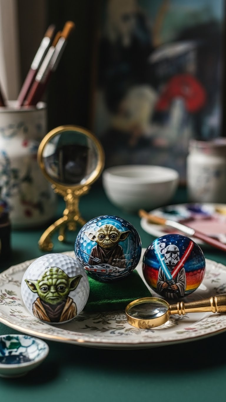 Three Hand-Painted Star Wars Golf Balls Featuring Yoda, X-Wing Battles, And Light Saber Duels Displayed On Velvet Cushion