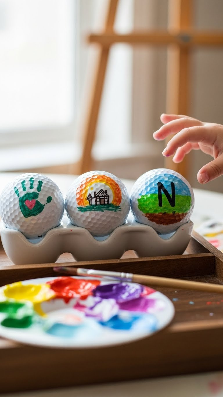 Three Hand-Painted Golf Balls Drying On White Ceramic Rack With Paintbrush And Vibrant Acrylic Colors