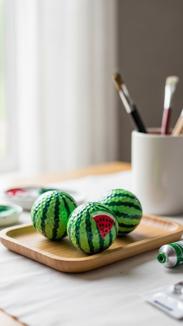 Three Hand-Painted Watermelon Golf Balls Drying On Wooden Tray With Paint Texture Visible