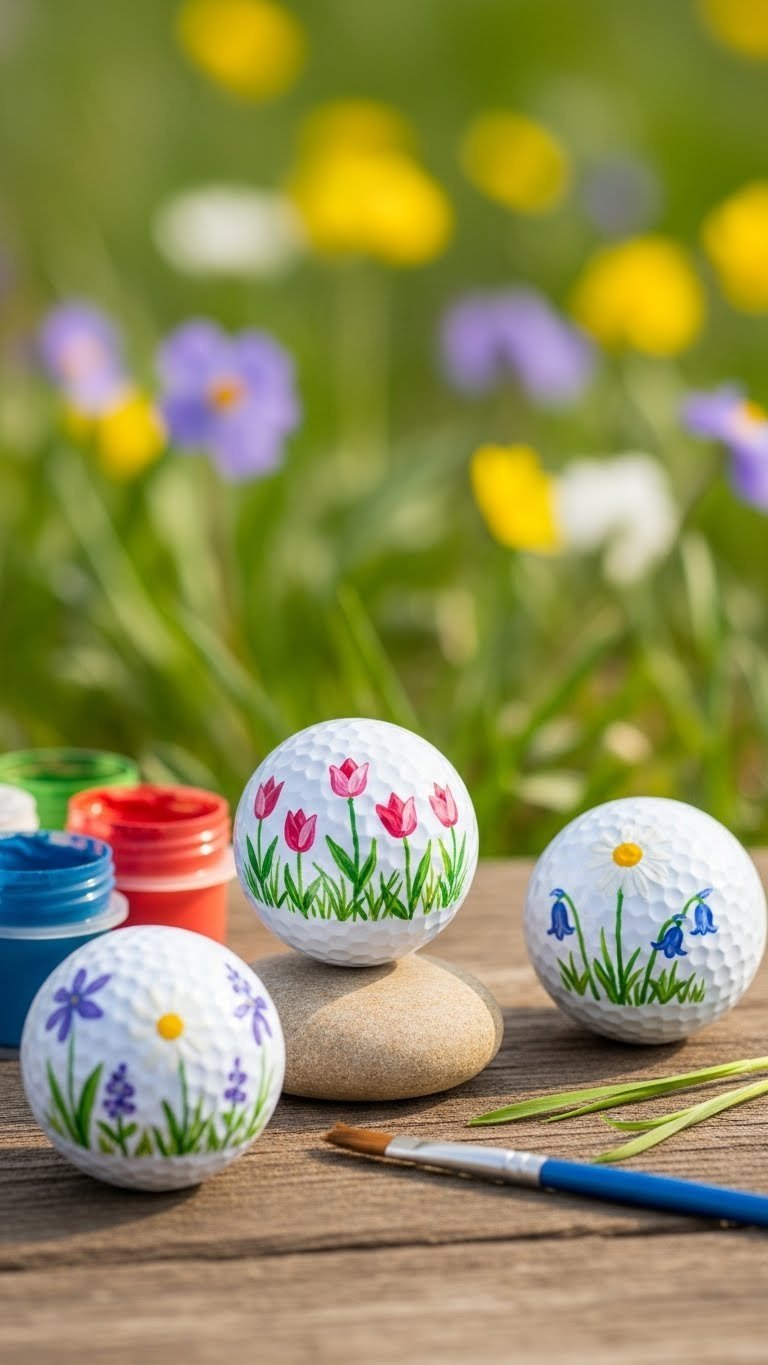 Three Hand-Painted Whimsical Flower Golf Balls With Daisies, Tulips, And Bluebells On River Stone In Meadow