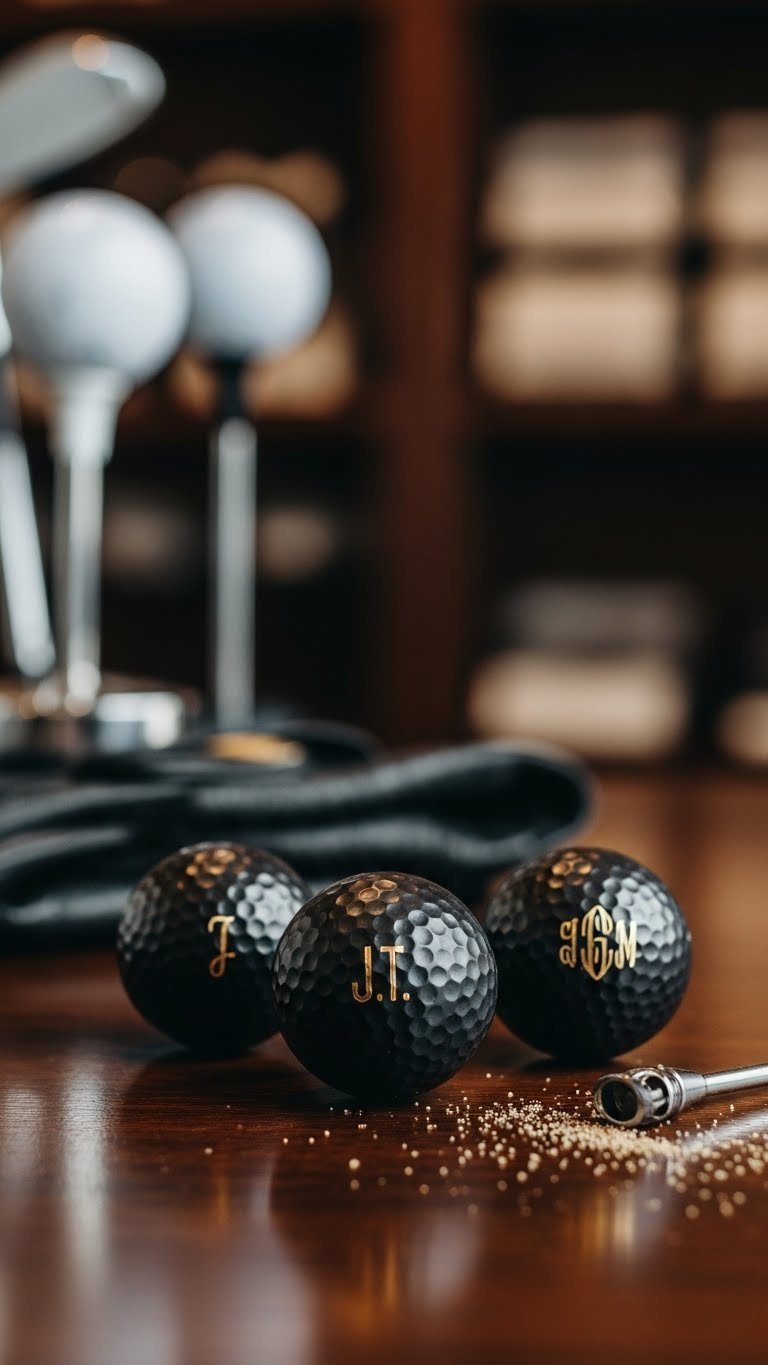 Three Matte Black Golf Balls With Gold Foil Monograms On Dark Wood Surface With Leather Golf Glove