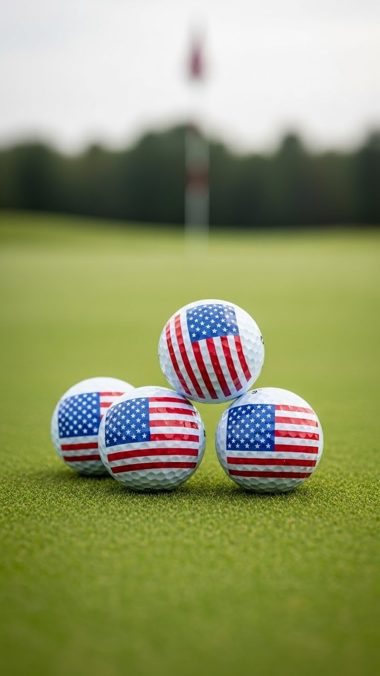 American Flag Golf Balls: Ultimate Buying &Amp; Diy Guide Three Patriotic American Flag Golf Balls Arranged On A Golf Course Green With Soft Bokeh Background And One Ball Elevated To Show Detailed Design.