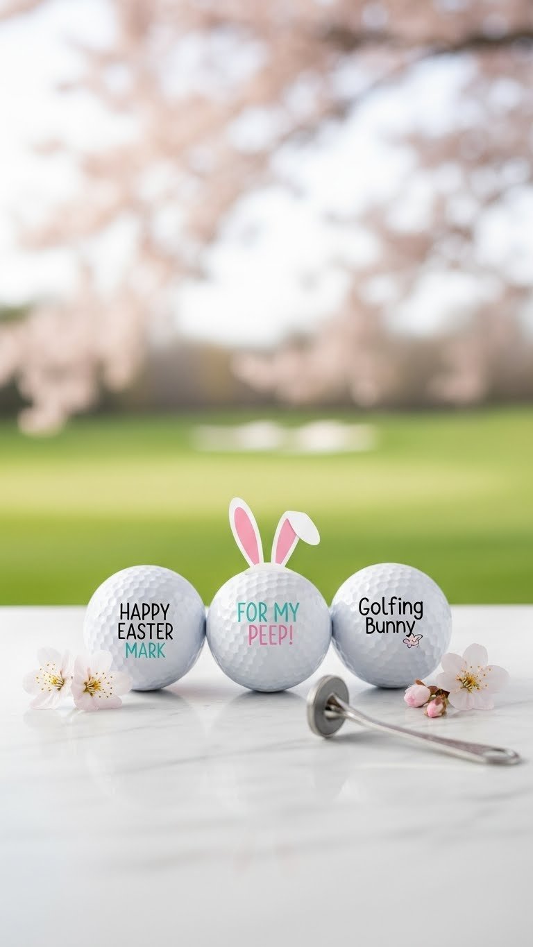 Three Personalized Easter Golf Balls With Elegant Names On Marble Surface Against Soft Blurred Golf Course Backdrop