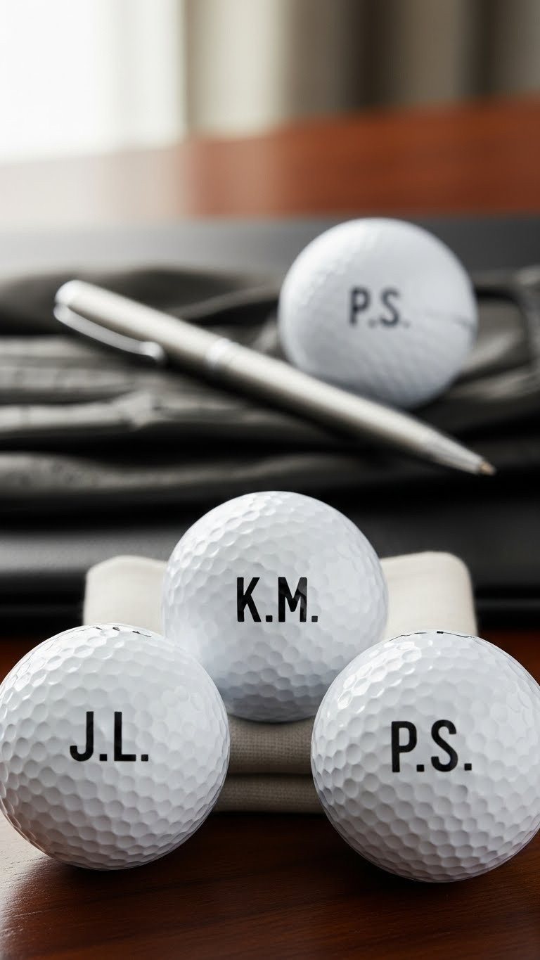 Three Personalized Golf Balls With Elegant Black Initials On White Surfaces Arranged On A Polished Dark Wood Desk.