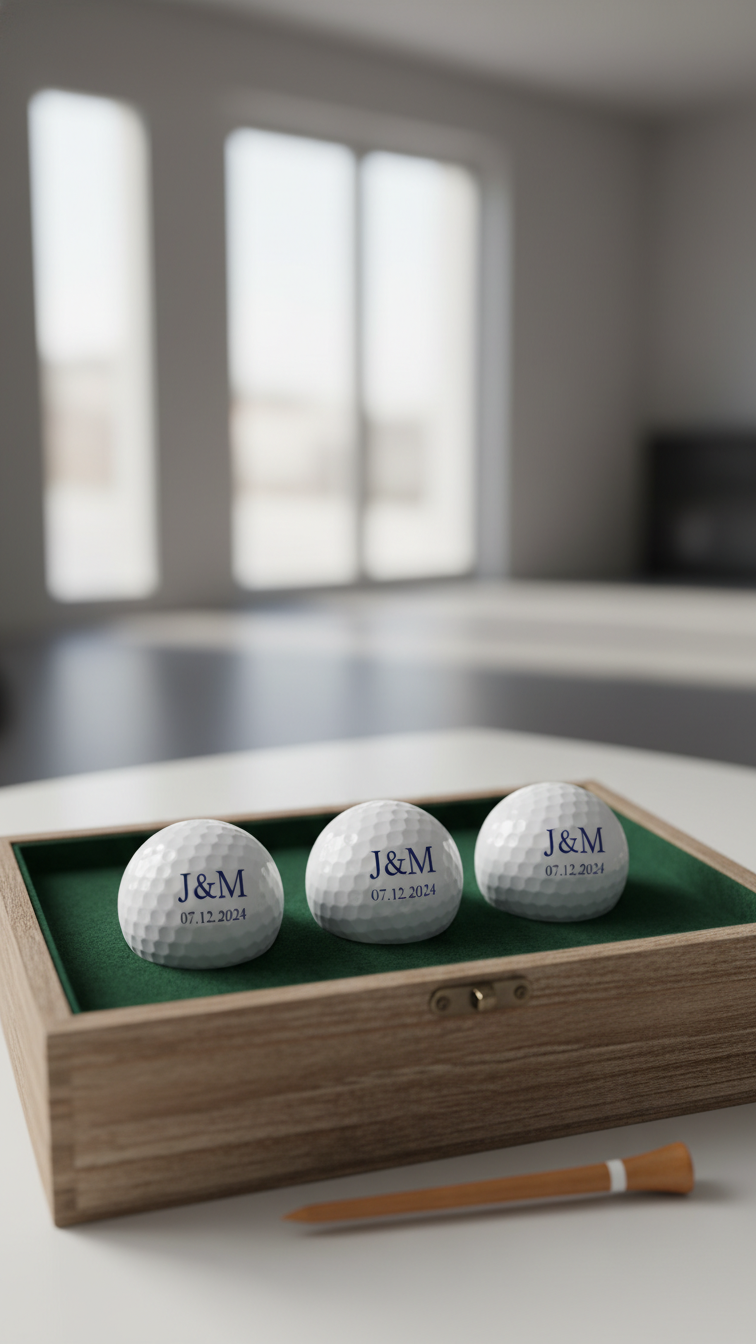 Three Personalized White Golf Balls With Navy Blue J&Amp;M Monogram Arranged In Rustic Wooden Gift Box With Green Felt Lining