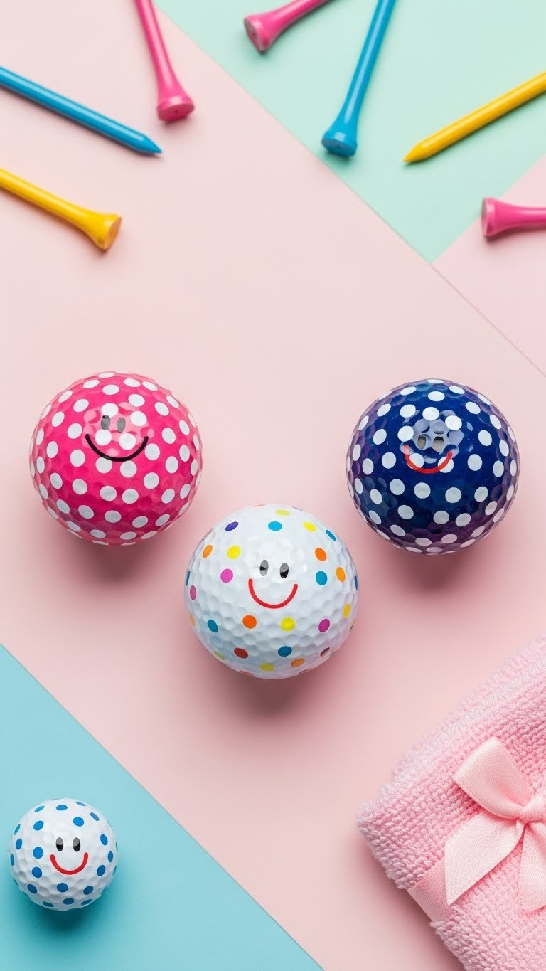 Three Polka Dot Golf Balls In Pink, Navy And Multi-Colors Arranged Symmetrically On Pastel Pink Seamless Paper Background.