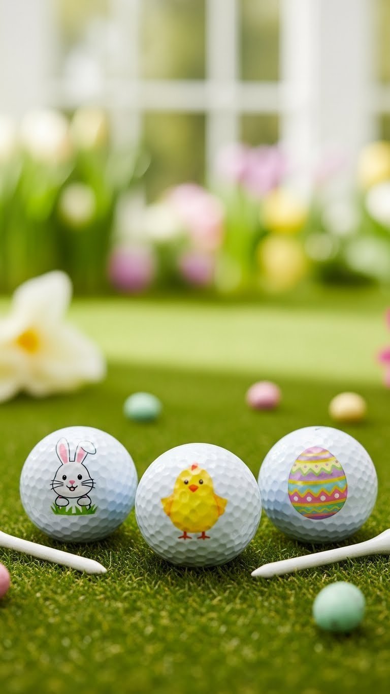 Three Pre-Printed Easter Golf Balls Featuring Cheerful Bunny, Fluffy Chick, And Patterned Egg Designs On Artificial Grass With Pastel Flowers Background