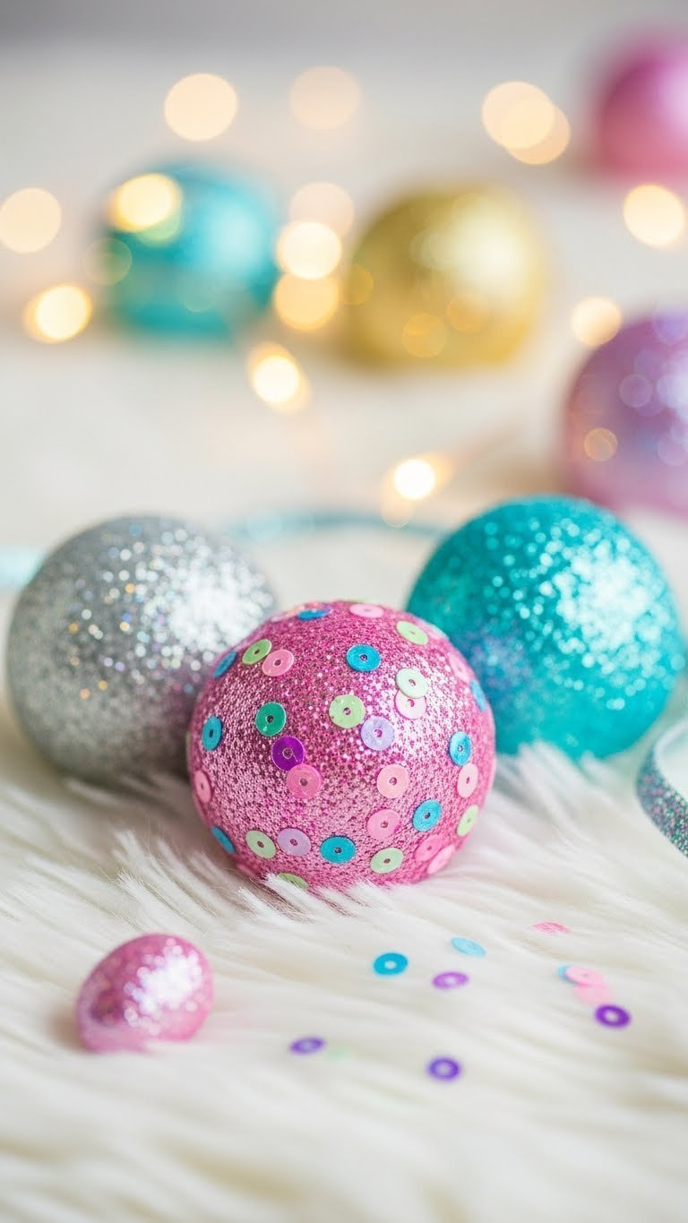 Three Sparkly Glitter And Sequin Easter Golf Balls Shimmering With Pastel Colors On Fuzzy White Blanket
