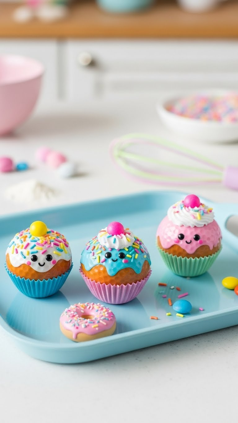 Three Sweet Treat Golf Balls Resembling Cupcakes And Donuts On Pastel Blue Serving Tray With Baking Ingredients.