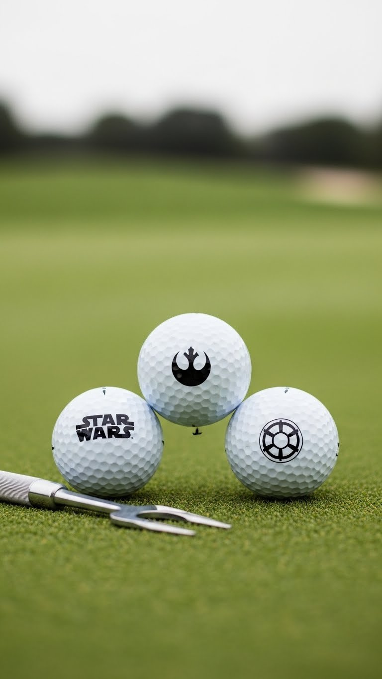 Three White Golf Balls With Star Wars Logo, Rebel Alliance Symbol, And Imperial Cog Arranged On Minimalist Golf Green Background