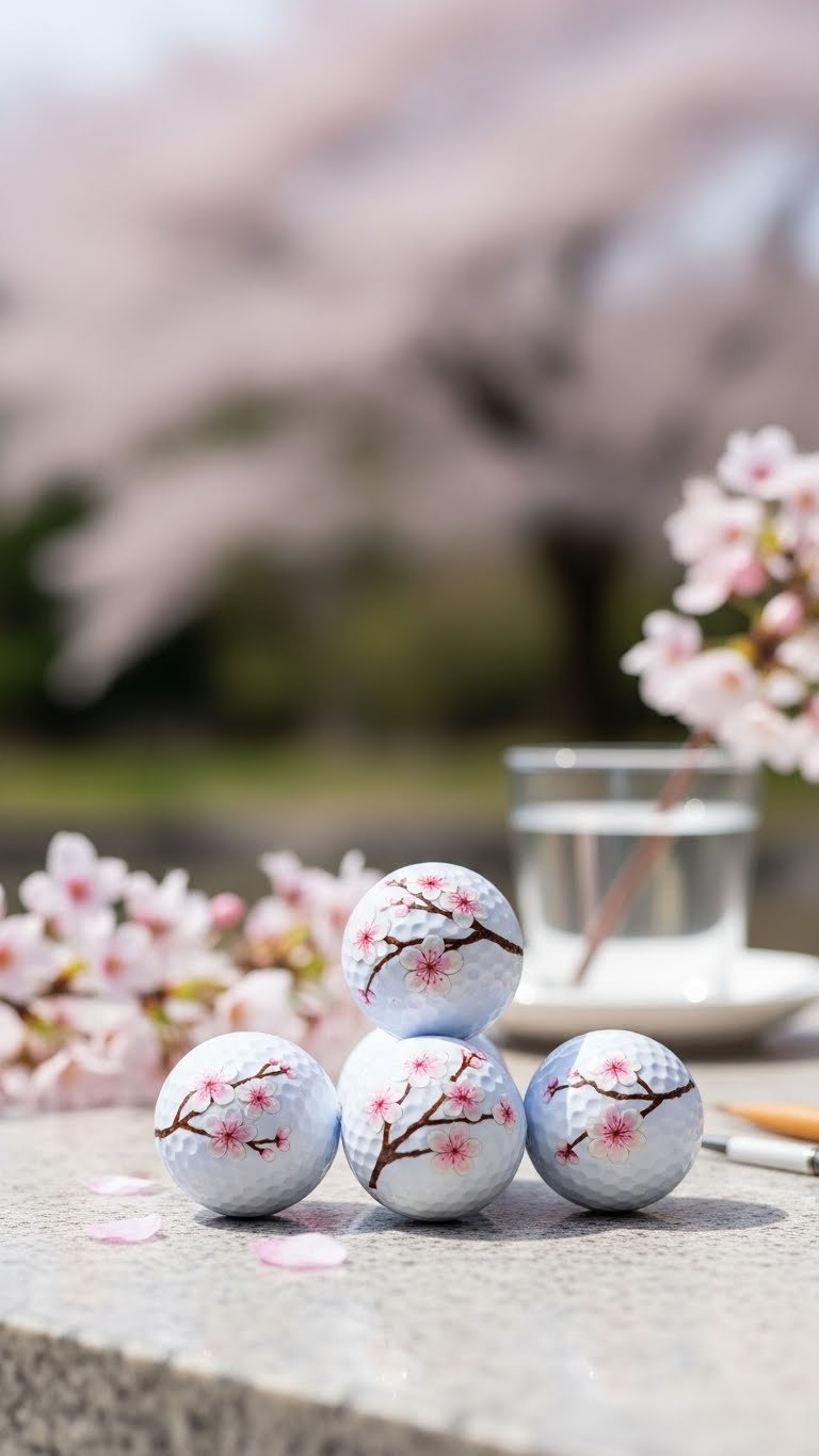 Three White Golf Balls With Delicate Cherry Blossom Floral Designs Arranged On Stone Surface