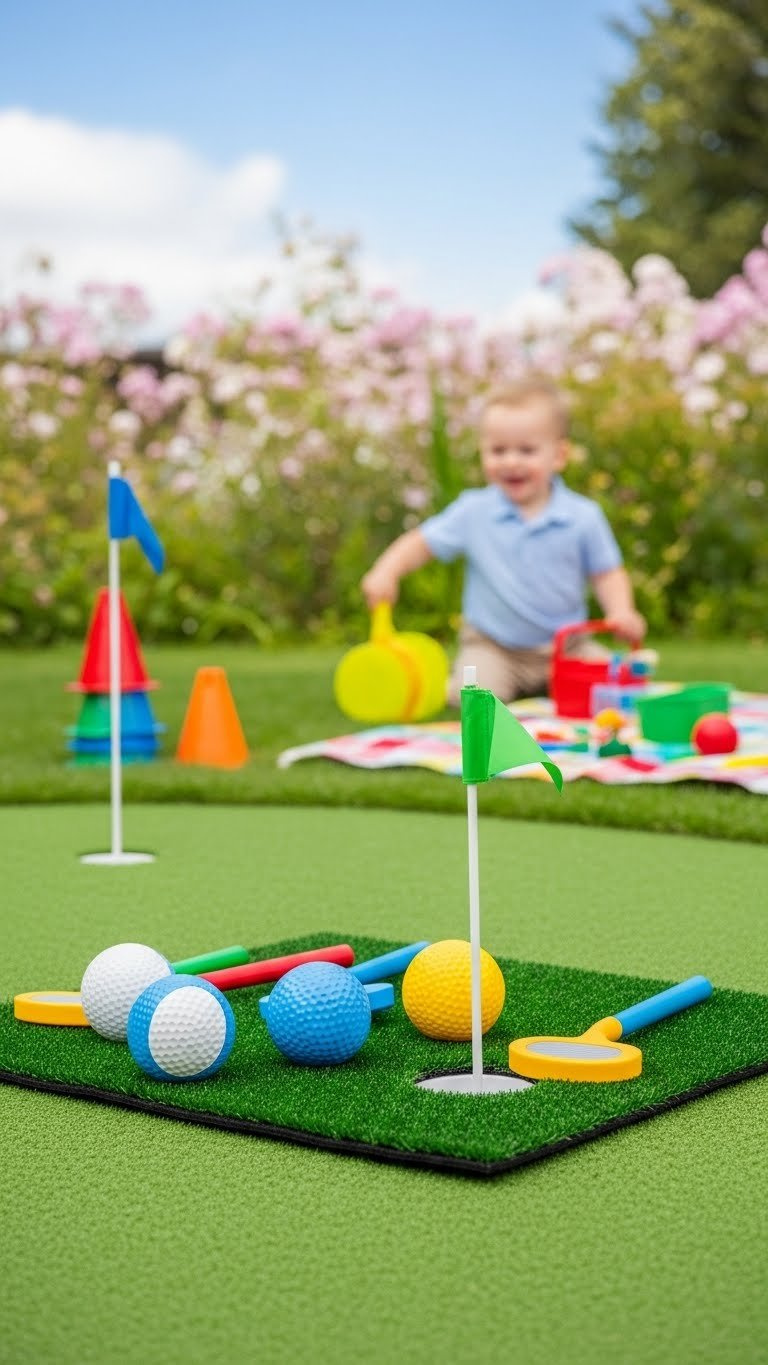 Toddler-Friendly Backyard Putting Green Setup With Miniature Golf Clubs And Artificial Turf Play Area
