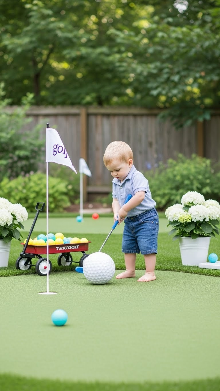 Toddler-Friendly Backyard Putting Green With Artificial Turf, Oversized Golf Ball, And Miniature Golf Flag Setup