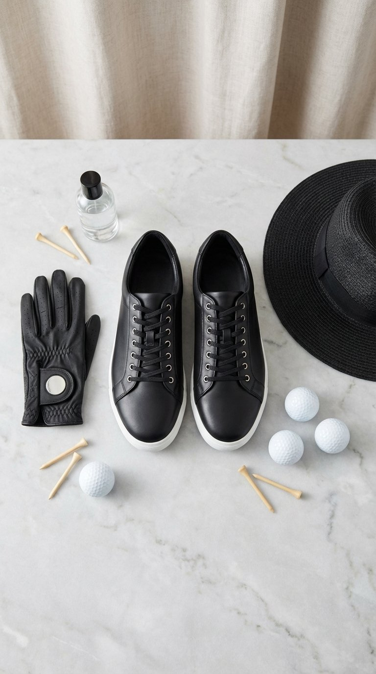 Top-Down Flat Lay Of Black Golf Shoes, Hat, And Glove Arranged Aesthetically On Marble Countertop