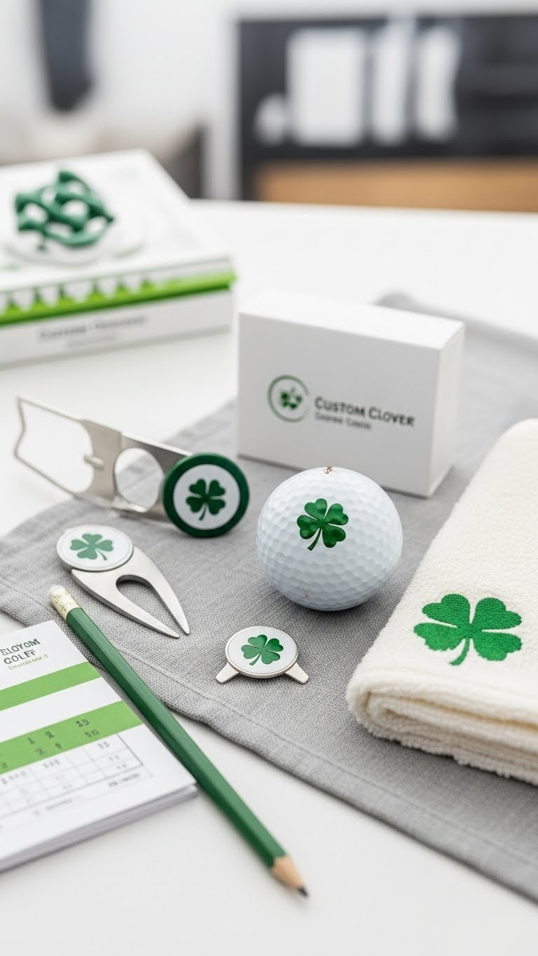 Top-Down Flat Lay Of Custom Clover Golf Ball Bundle With Matching Accessories On Light Grey Linen Cloth