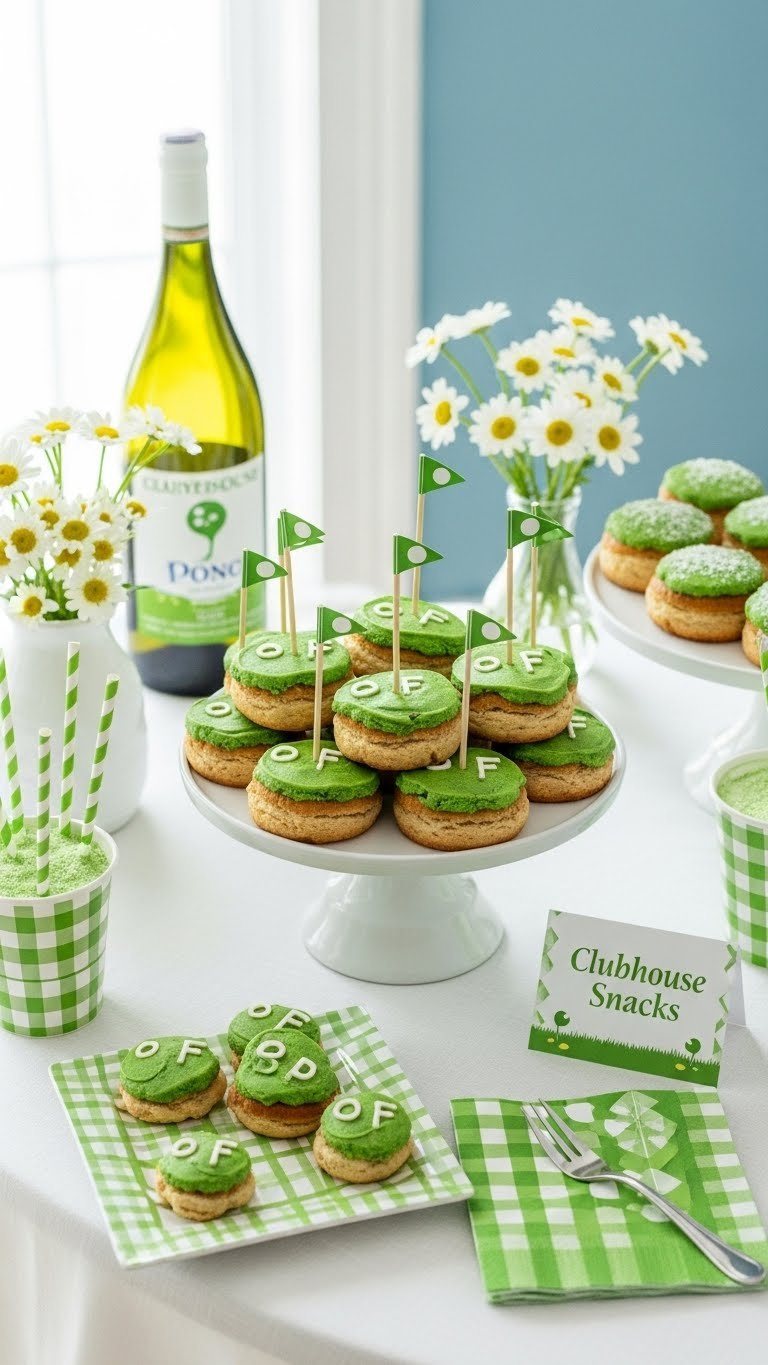 Top-Down Flat Lay Of Golf-Themed Baby Shower Food Display With Green Checkered Napkins And White Daisy Arrangement