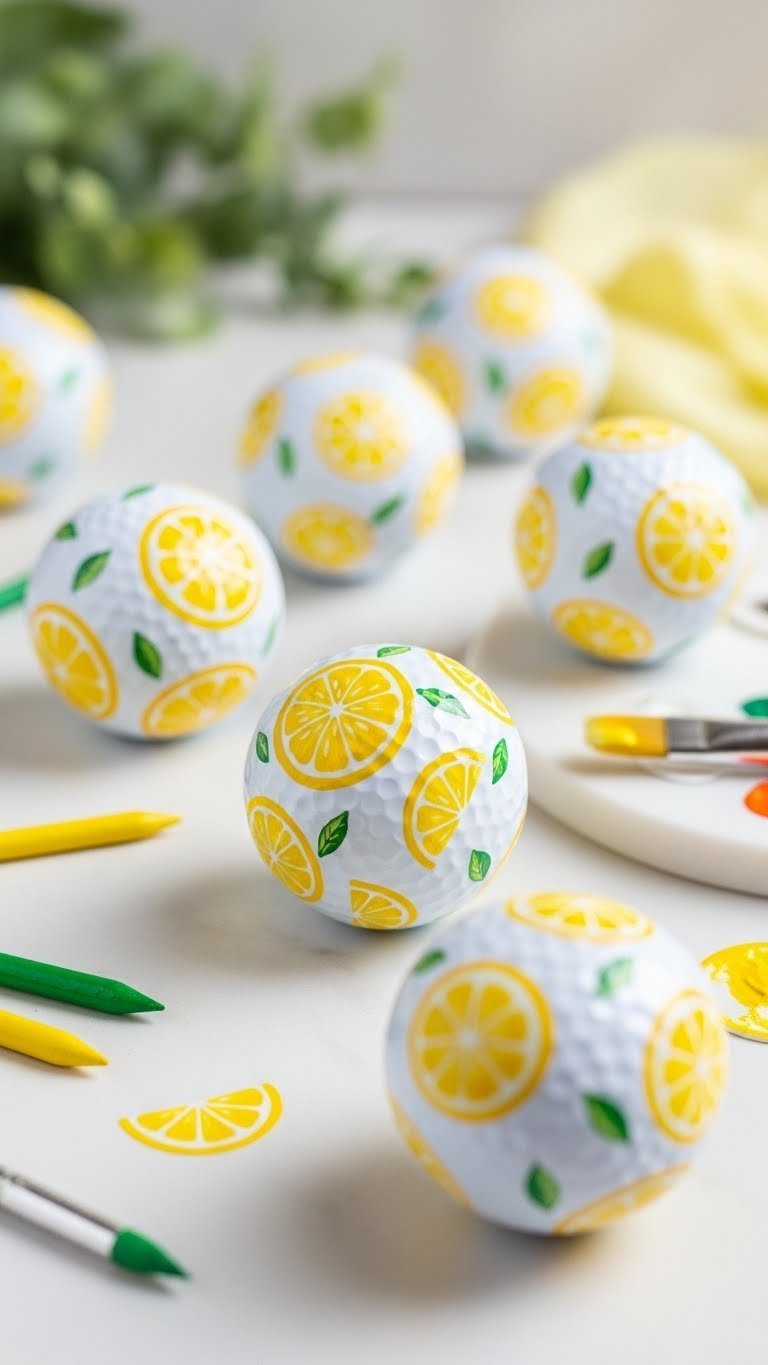 Vibrant Lemon Golf Balls: 7 Genius Decoration Ideas Top-Down Flat Lay Of Hand-Painted Lemon Slice Golf Balls With Vibrant Yellow Details And Green Leaves On Light Wood Surface.
