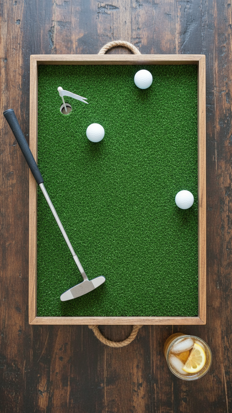 Top-Down Flat Lay Of Miniature Putting Green On Rustic Wooden Tray With Golf Balls And Putter On Dark Wood Table
