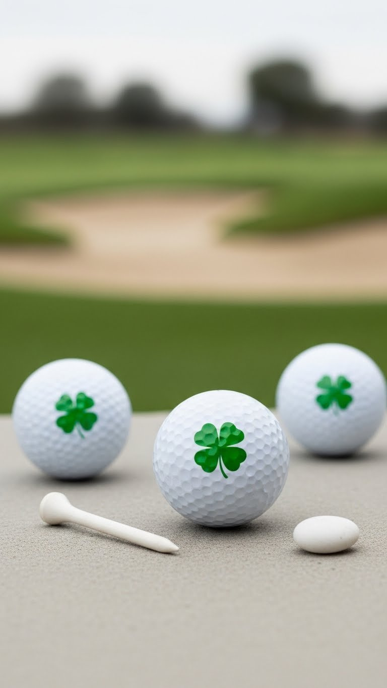 Top-Down Flat Lay Of Minimalist Green Clover Golf Balls On Light Grey Concrete With Silver Tee And White Pebble