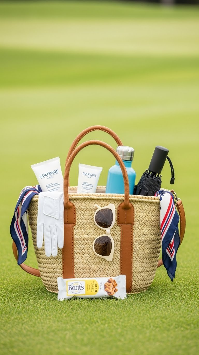Top-Down Flat Lay Of Stylish Straw Tote Bag Open Showing Golf Spectator Essentials On Green Lawn