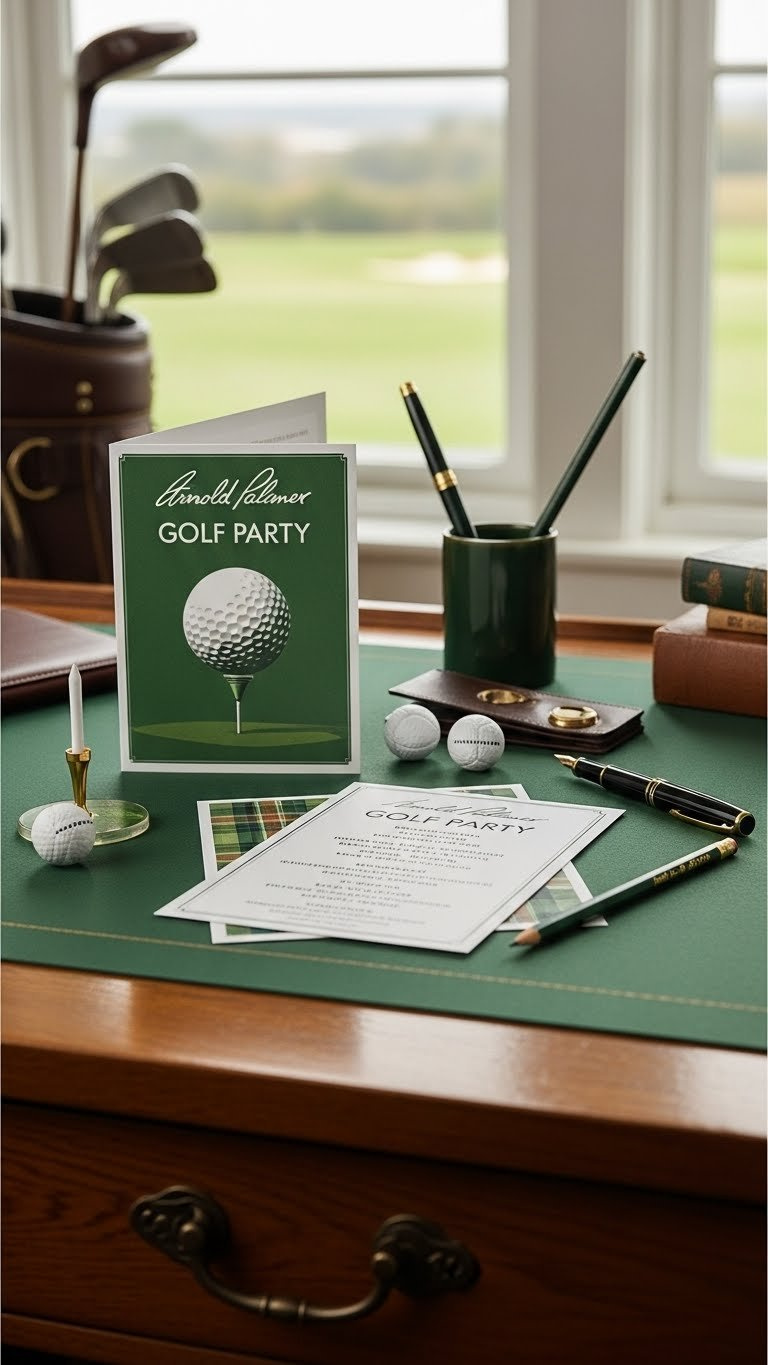 Top-Down Flat Lay Of Vintage-Inspired Arnold Palmer Golf Party Invitations And Favors Arranged On Rustic Wooden Desk With Soft Bokeh Background.