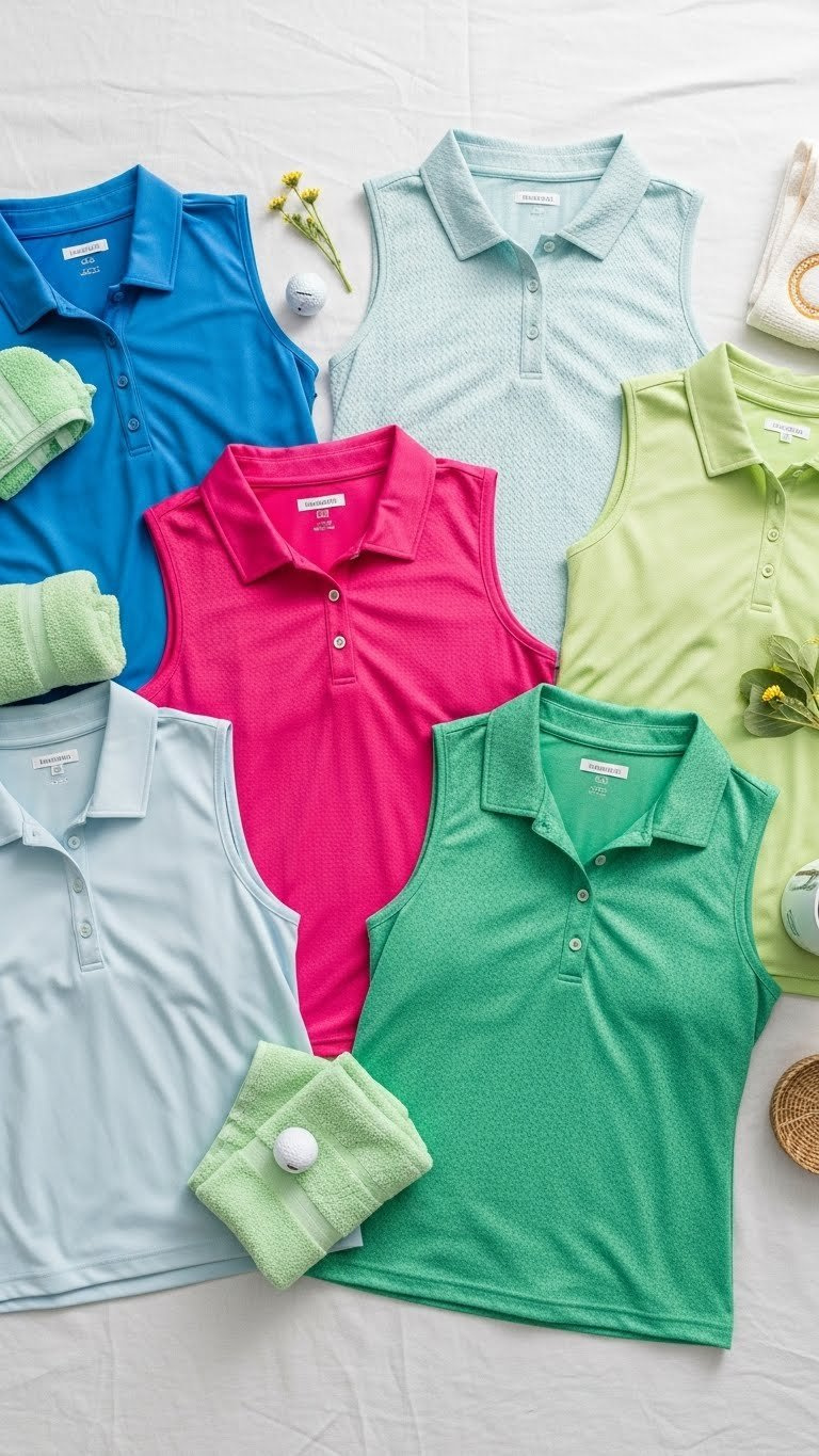 Top-Down Flat Lay Of Women'S Spring Golf Polo Shirts And Sleeveless Tops With Vibrant Colors On White Linen Background