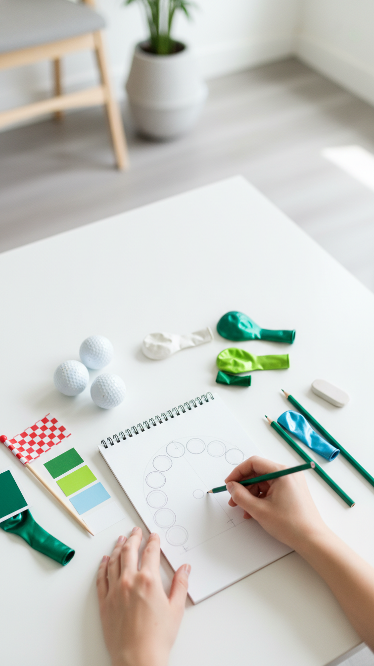 Top-Down Flat Lay Showing Hands Sketching A Golf Balloon Arch Design On Notepad With Green, White, And Blue Color Swatches And Mini Golf Accessories