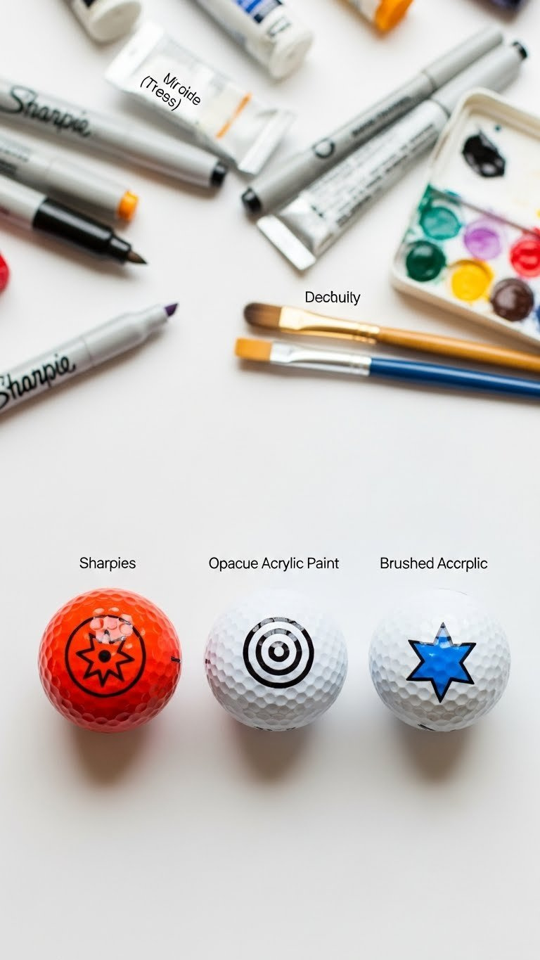Top-Down View Comparing Golf Balls Decorated With Sharpie Markers, Acrylic Paint Pens, And Brushed Paint Techniques.
