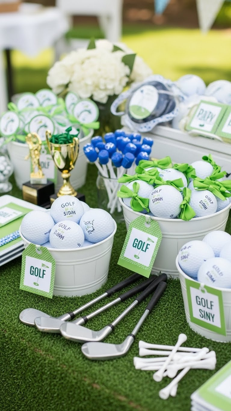 Top-Down View Of Beautifully Arranged Golf Party Favor Station With Miniature Clubs, Personalized Balls, And Themed Containers On Turf Runner