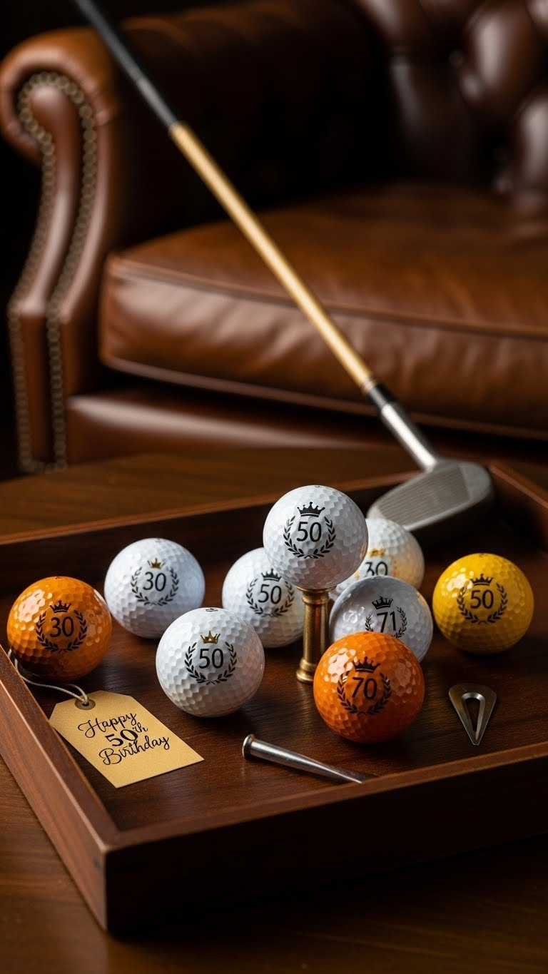 Top-Down View Of Milestone Birthday Golf Balls With Prominent Numbers And Metallic Accents Arranged On A Dark Wooden Display Tray.