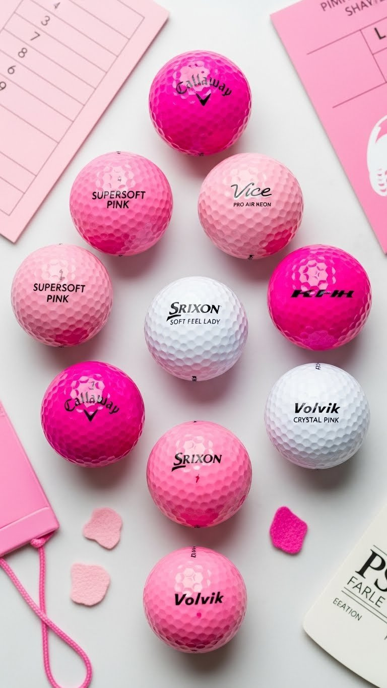 Top-Down View Of Various Pink Golf Ball Brands Including Callaway Supersoft And Vice Pro Air Neatly Arranged