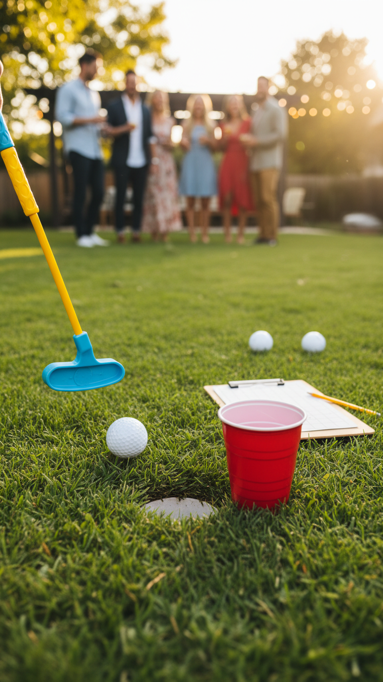 Toy Golf Putter Hitting White Golf Ball Toward Red Solo Cup Hole On Lush Green Lawn During Golden Hour Backyard Party