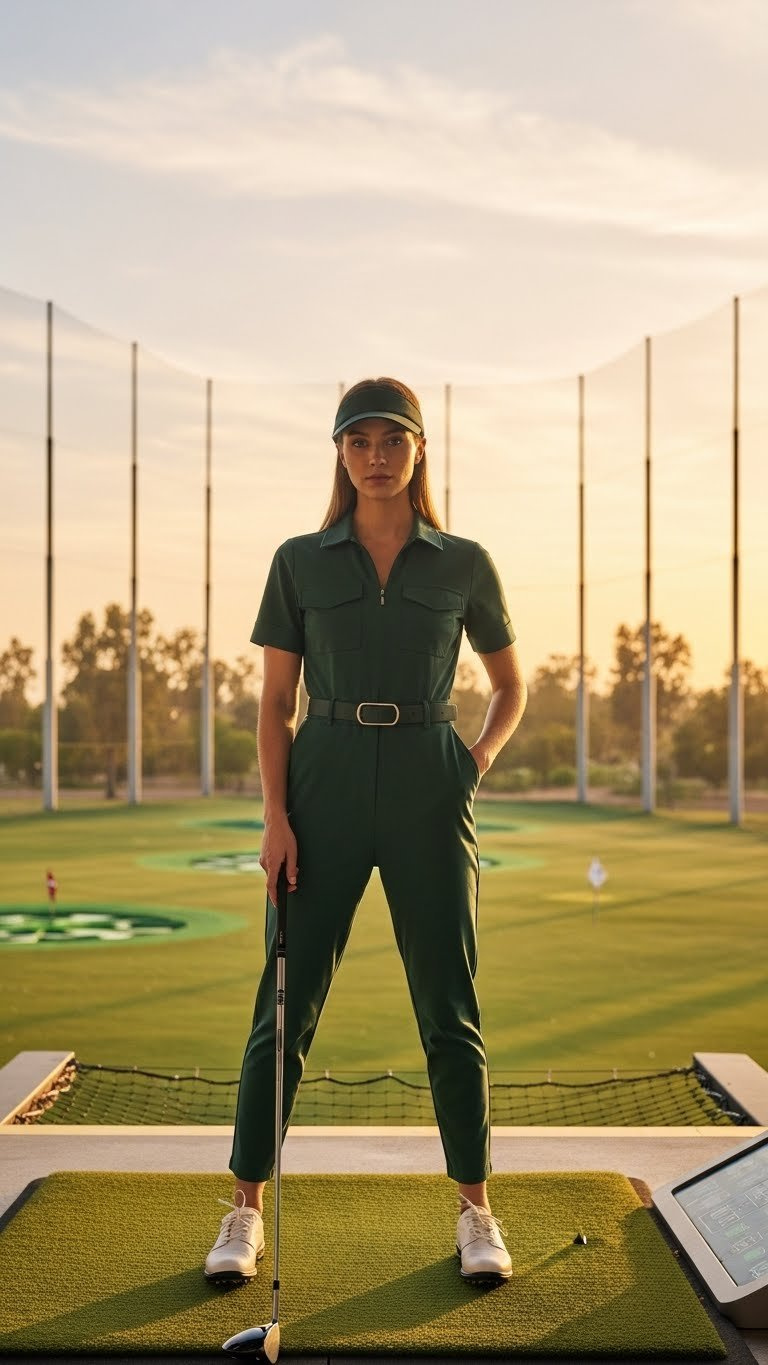 Trendy Female Golfer In Forest Green Jumpsuit At Golden Hour Driving Range With Sunset Backdrop.
