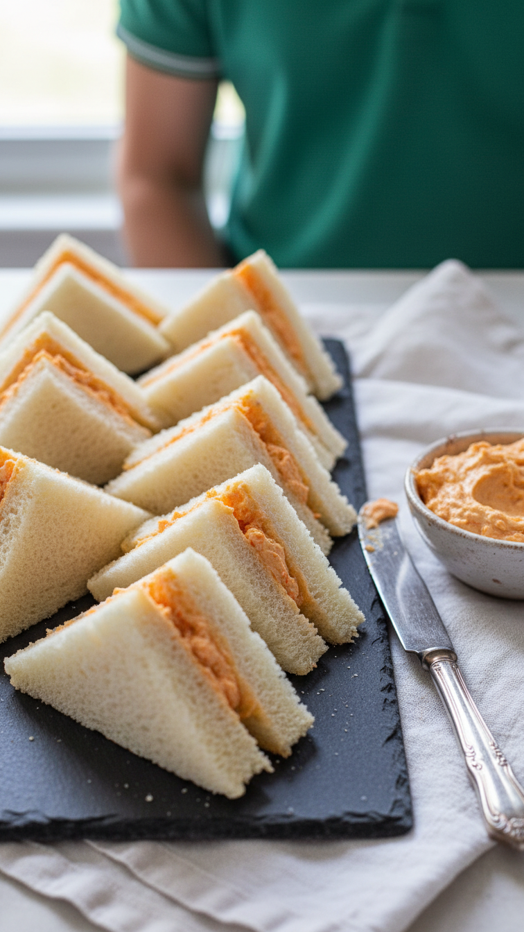 Triangle-Cut Pimento Cheese Sandwiches Arranged On Dark Slate Board With Soft Bokeh Background And Vintage Butter Knife
