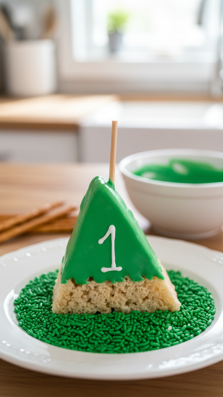 Triangular Rice Krispie Treat On Stick Dipped In Green Candy With White Number 1 As Golf Flag
