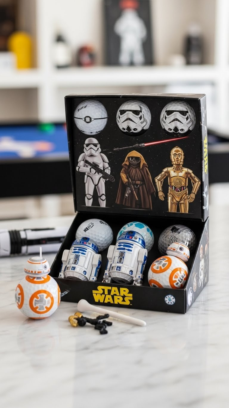 Twelve-Pack Of Star Wars Character Golf Balls Featuring Stormtroopers, R2-D2, C-3Po, And Bb-8 Displayed On Marble Countertop With Collectibles
