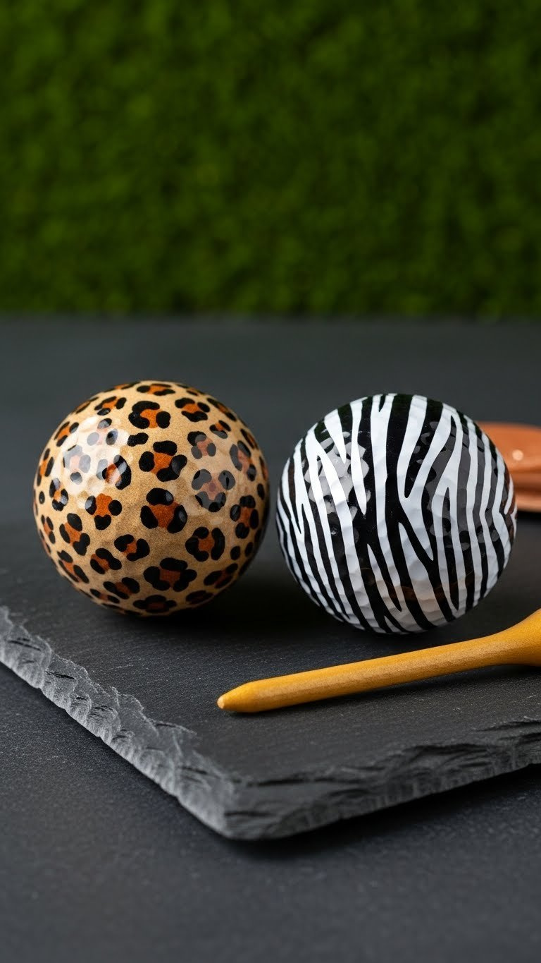Two Animal Print Golf Balls Featuring Leopard And Zebra Patterns On Dark Slate Tile With Dramatic Side Lighting.