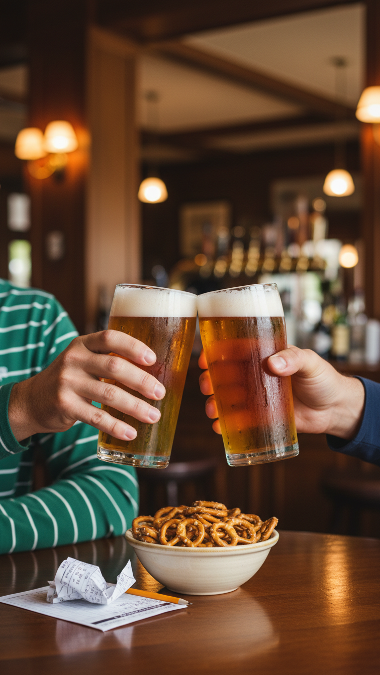 Two Friends Clinking Beer Glasses In Cozy Wood-Paneled Clubhouse Bar After Golf Round
