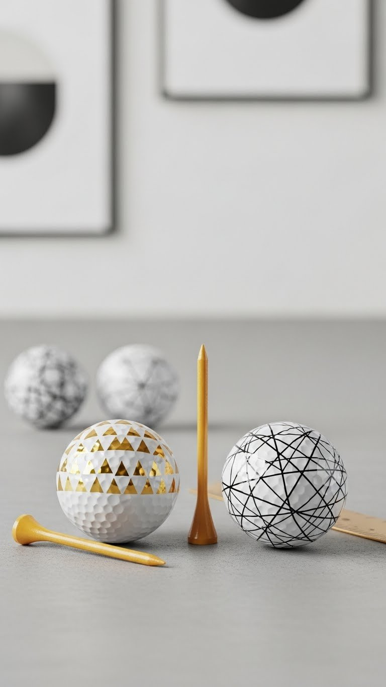Two Geometric Golf Balls With Metallic Gold Triangles And Monochrome Lines On Light Gray Concrete Slab Minimalist Background.