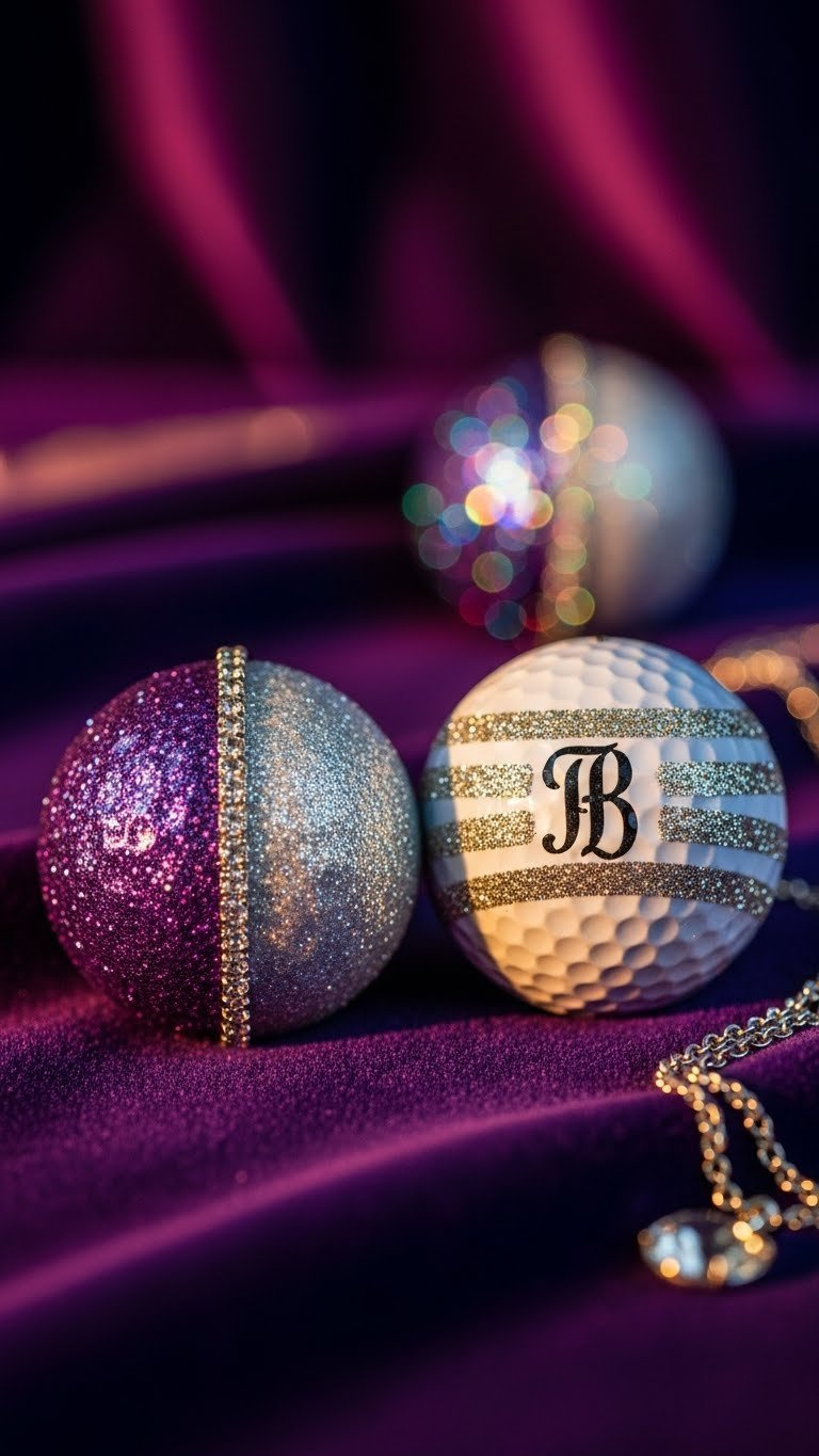 Two Glitter-Adorned Golf Balls On Deep Purple Velvet Cloth With Dramatic Golden Hour Lighting And Soft Bokeh Background.