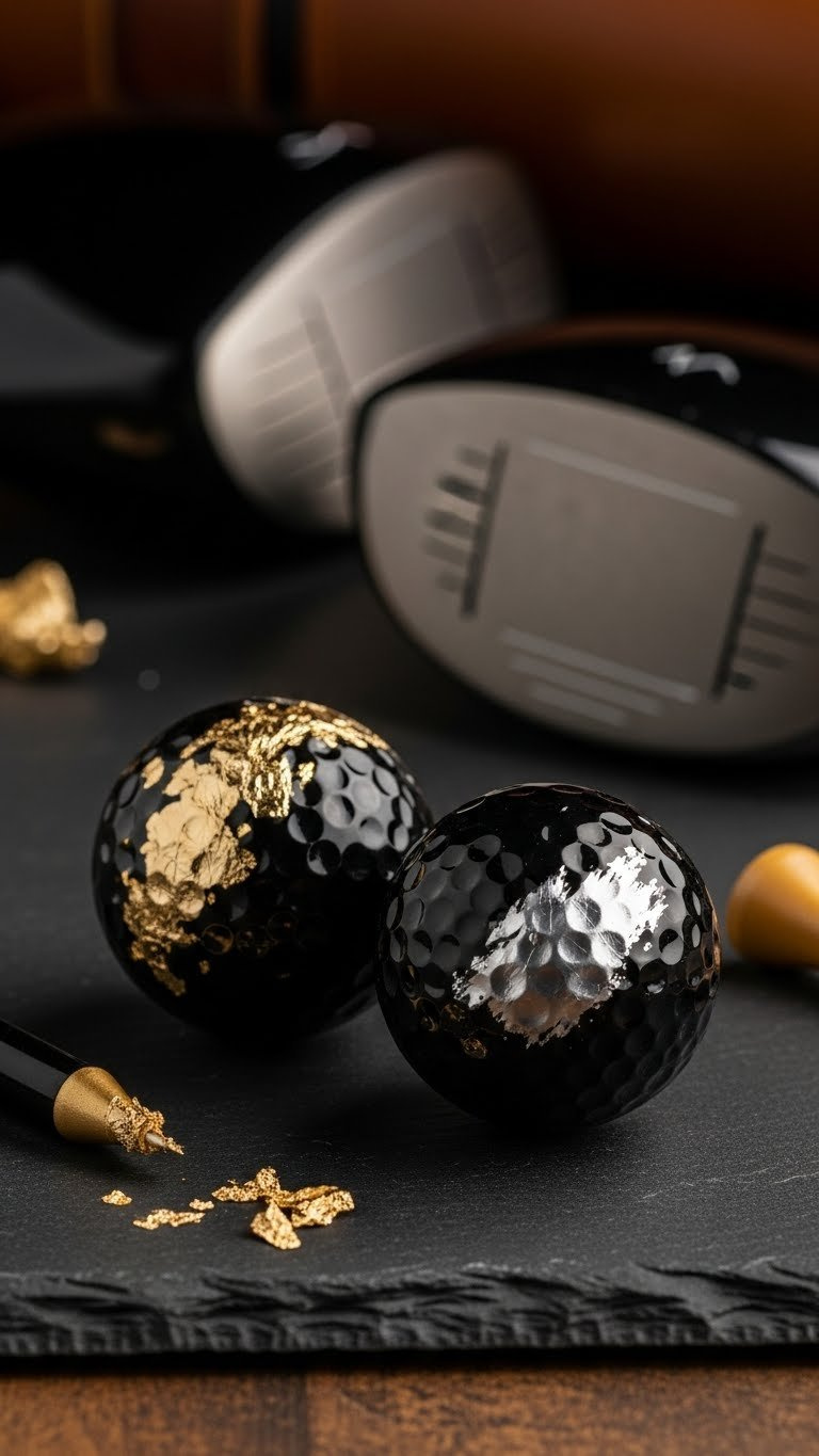 Two Glossy Black Golf Balls With Gold Leaf And Silver Accents On Textured Slate Surface
