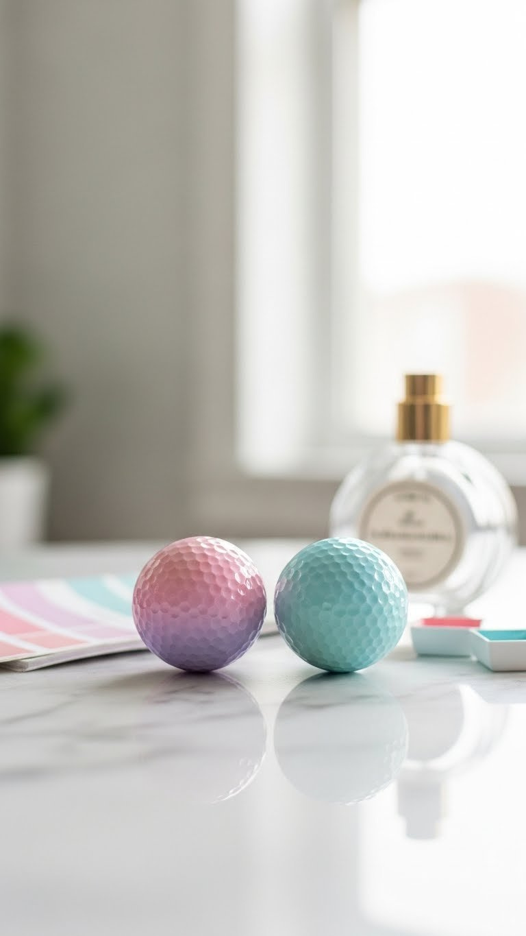Two Ombre Gradient Golf Balls Fading From Pink To Lavender And Blue To Green On Polished White Marble Countertop.