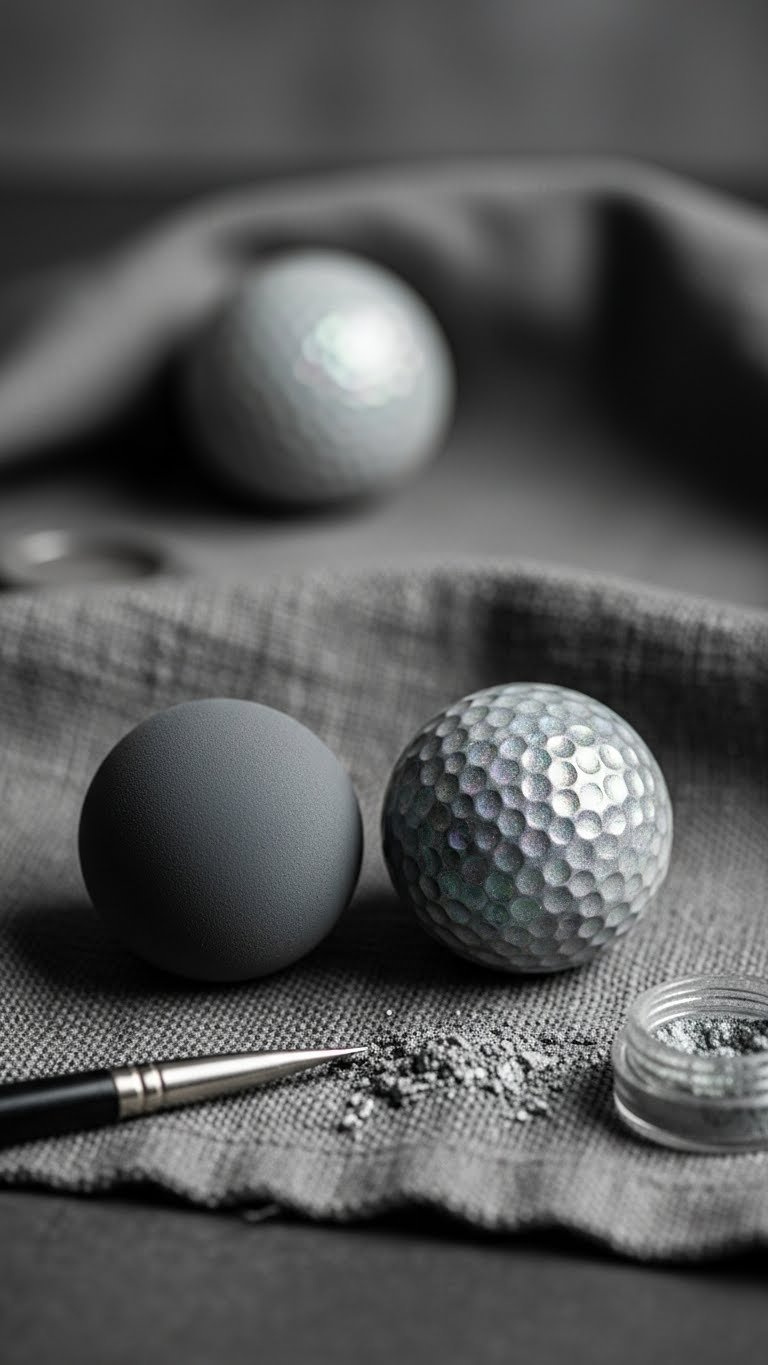 Two Textured Golf Balls With Matte Velvety Finish And Iridescent Pattern On Charcoal Gray Linen Fabric.