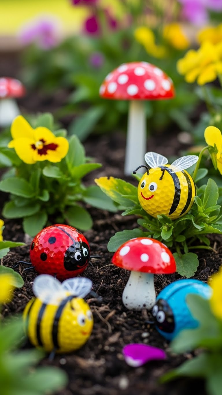 Upcycled Golf Ball Garden Art Transformed Into Ladybugs And Mushrooms Nestled Among Vibrant Green Foliage And Flowers.