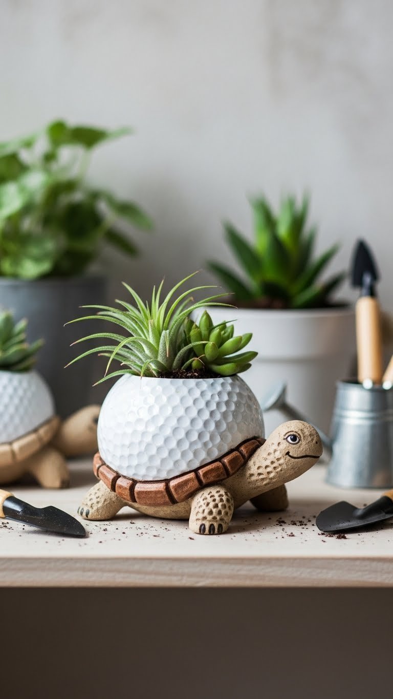 Upcycled Golf Ball Turtle Planter With Succulents On Wooden Shelf Surrounded By Gardening Tools.