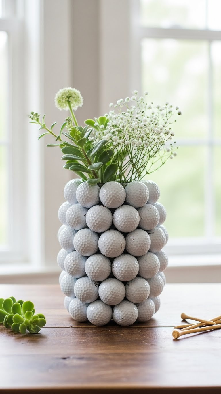 Upcycled Golf Ball Vase Planter With Dimpled Texture Holding Floral Arrangement On Rustic Wooden Table