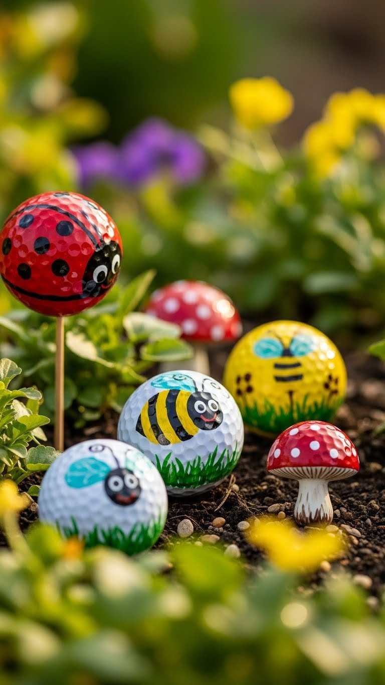 Upcycled Golf Balls Painted As Colorful Insects Nestled Among Green Foliage In Garden Art Display