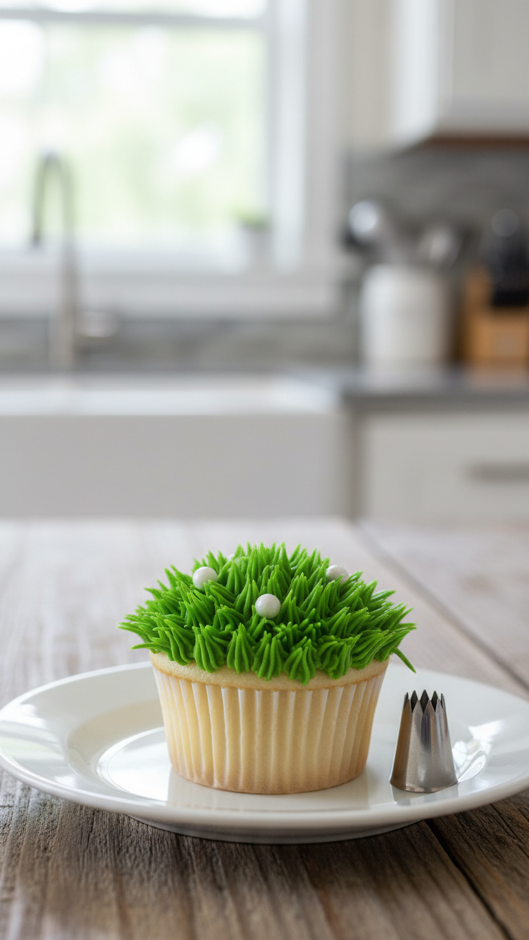 Vanilla Cupcake With Intricate Green Buttercream Grass Frosting On White Ceramic Plate Surrounded By Edible Pearl Golf Balls And Piping Tip
