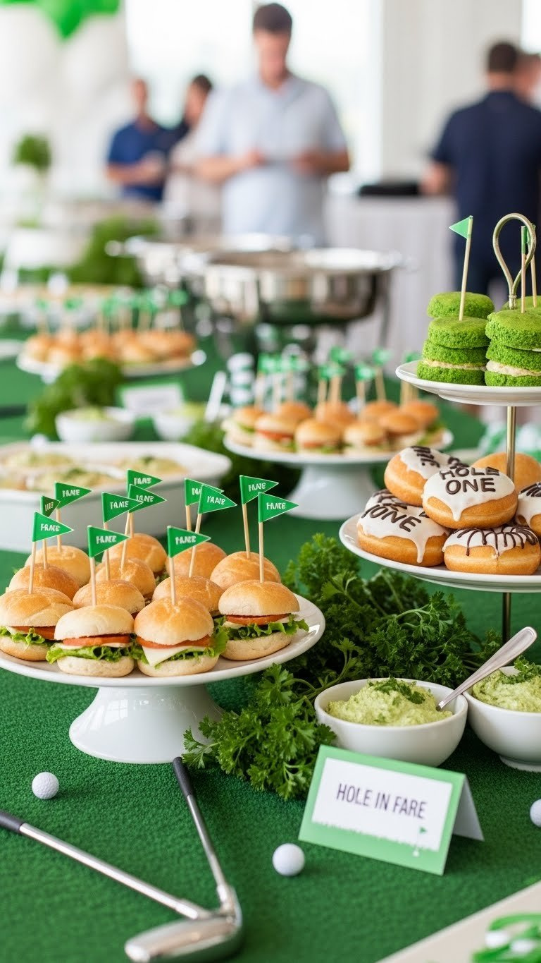 Vibrant Fairway Fare Catering Station With Golf-Themed Snacks, Tiered Platters And Green Turf Table Runner